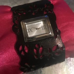 Betsey Johnson black leather vintage watch floral cutout band bracelet leopard